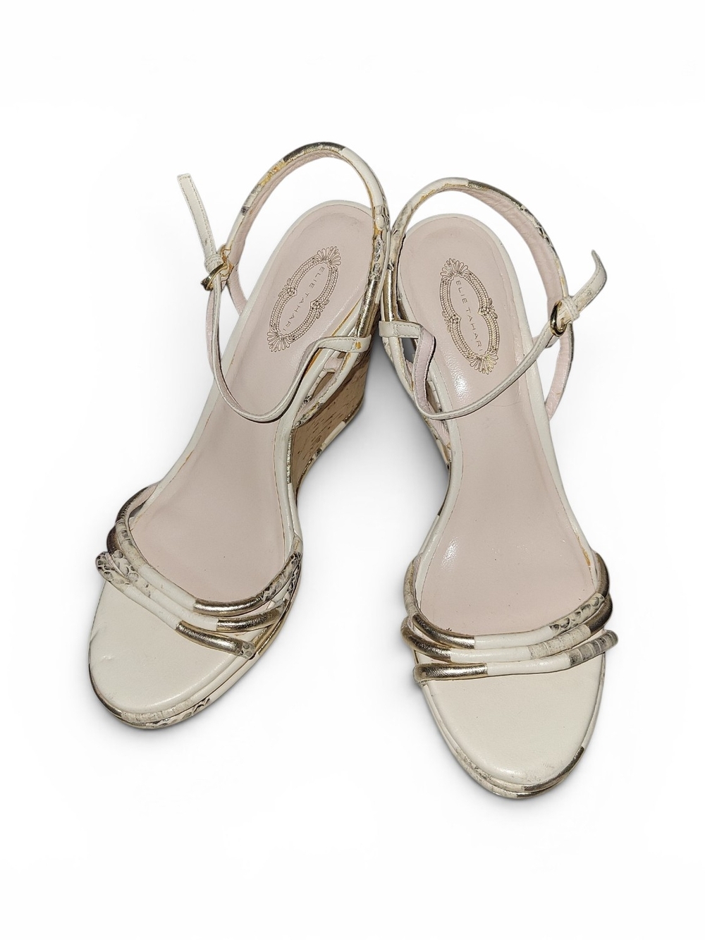 Elie Tahari Cream and Gold Open-Toe Slingback Wedge Sandals SZ 10